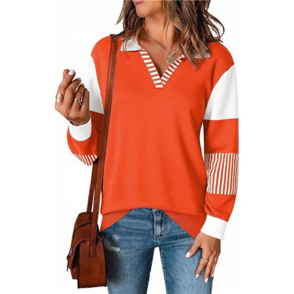 Womens V Neck Sweater Long Sleeve Color Block Striped Knitted Pullover Top
